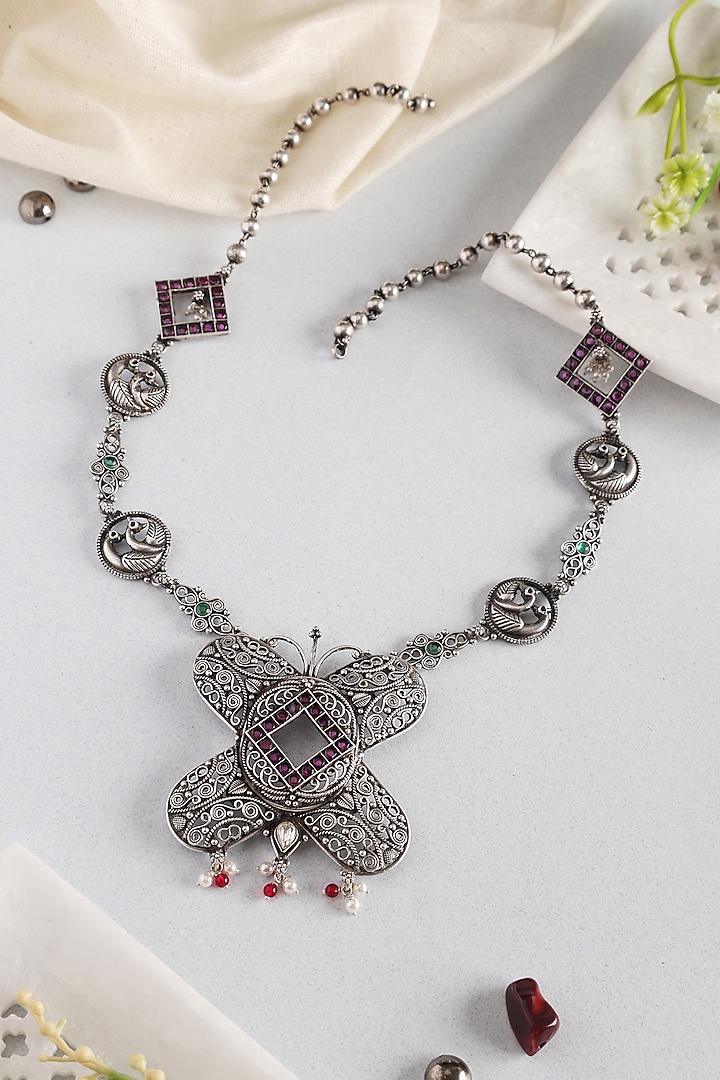 White Finish Kempstone Temple Butterfly Necklace In Sterling Silver by Mero at Pernia's Pop Up Shop