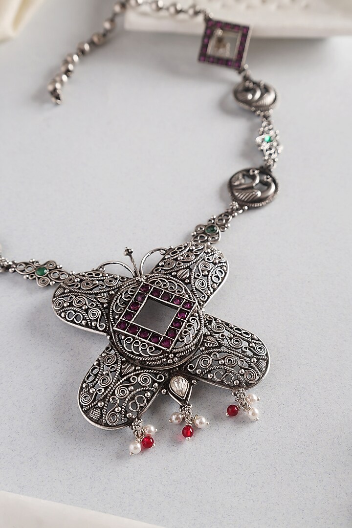 White Finish Kempstone Temple Butterfly Necklace In Sterling Silver by Mero at Pernia's Pop Up Shop