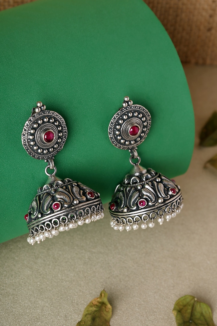 White Finish Pink Kempstone Temple Jhumka Earrings In Sterling Silver by Mero at Pernia's Pop Up Shop