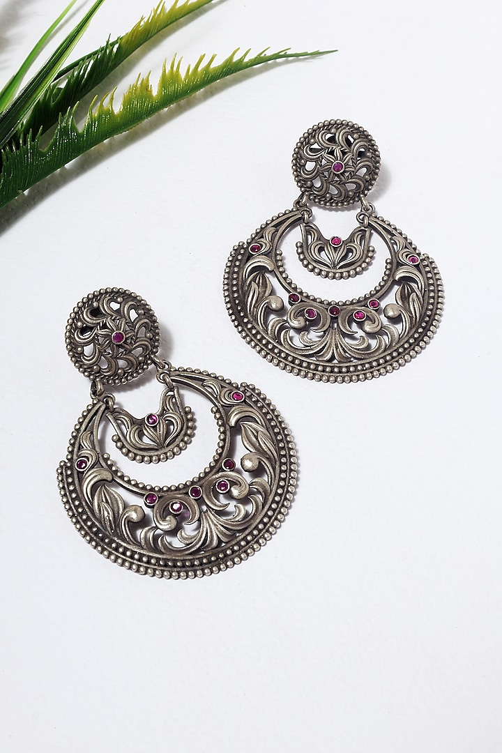 White Finish Kempstone Temple Chandbali Earrings In Sterling Silver by Mero at Pernia's Pop Up Shop