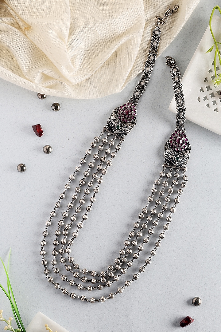 White Finish Kempstone Tribal Temple Layered Necklace In Sterling Silver by Mero at Pernia's Pop Up Shop