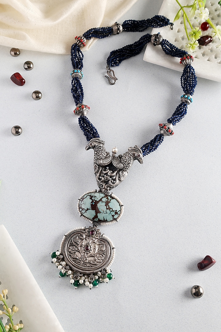 White Finish Turquoise Kempstone Temple Long Pendant Necklace In Sterling Silver by Mero at Pernia's Pop Up Shop