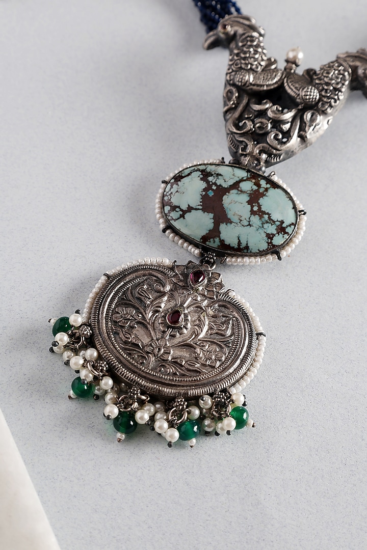 White Finish Turquoise Kempstone Temple Long Pendant Necklace In Sterling Silver by Mero at Pernia's Pop Up Shop