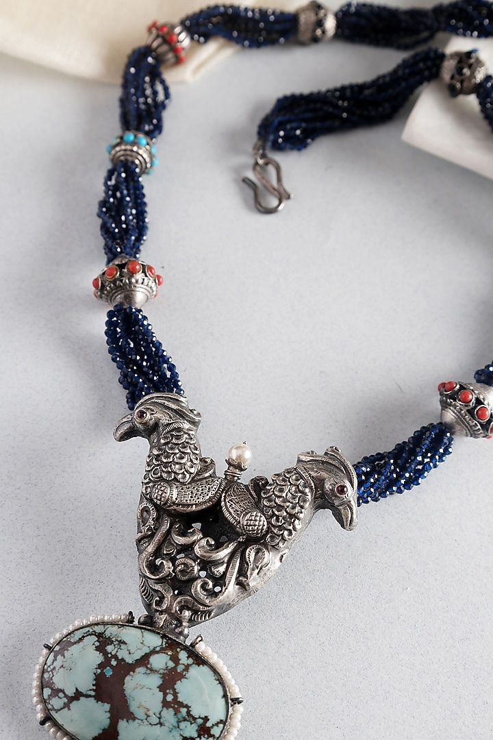 White Finish Turquoise Kempstone Temple Long Pendant Necklace In Sterling Silver by Mero at Pernia's Pop Up Shop
