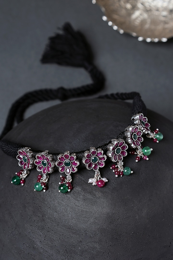 White Finish Pink Onyx Temple Choker Necklace In Sterling Silver by Mero at Pernia's Pop Up Shop