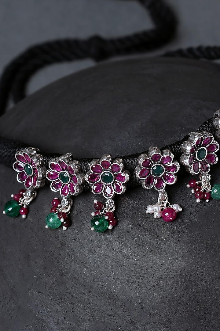 White Finish Pink Onyx Temple Choker Necklace In Sterling Silver by Mero at Pernia's Pop Up Shop
