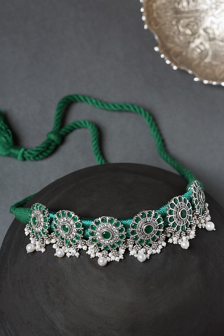 White Finish Green Onyx Temple Floral Choker Necklace In Sterling Silver by Mero at Pernia's Pop Up Shop