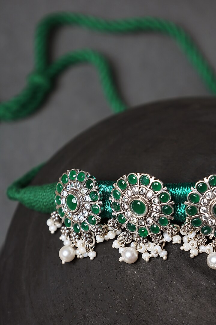 White Finish Green Onyx Temple Floral Choker Necklace In Sterling Silver by Mero at Pernia's Pop Up Shop