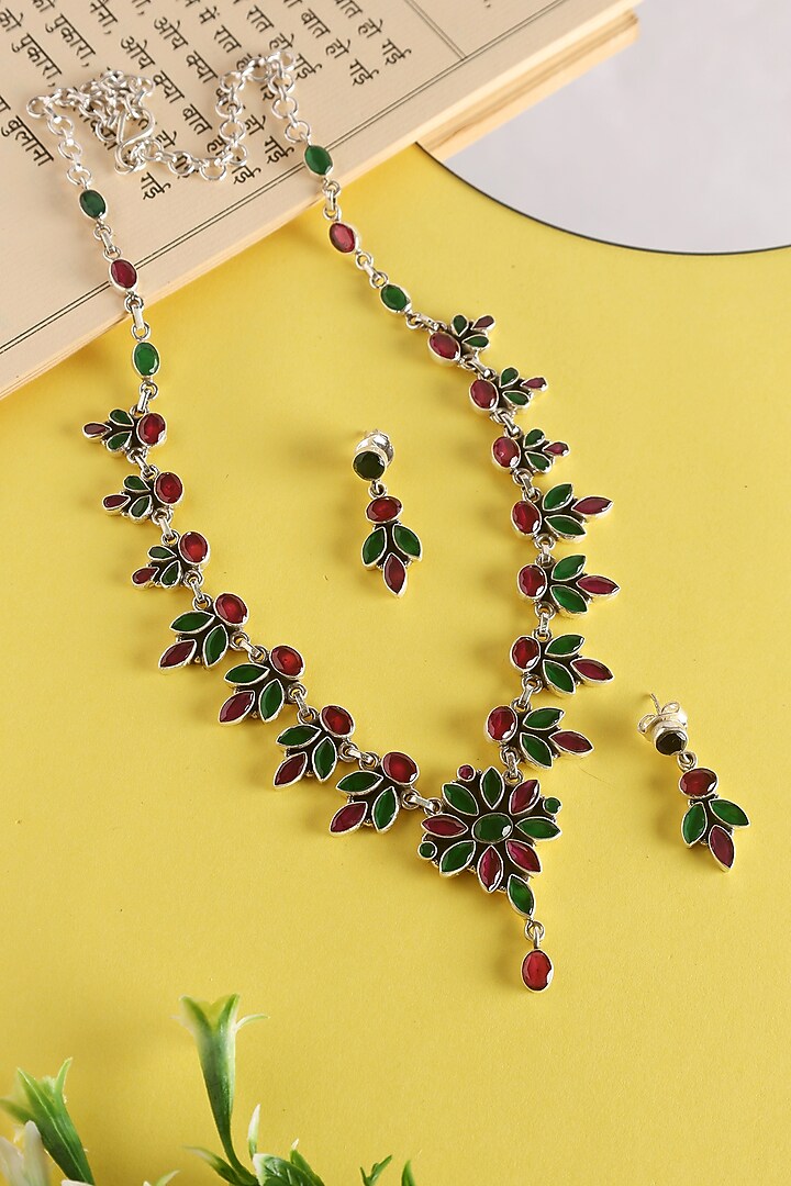 White Finish Green Onyx & CZ Temple Floral Long Necklace Set In Sterling Silver by Mero at Pernia's Pop Up Shop