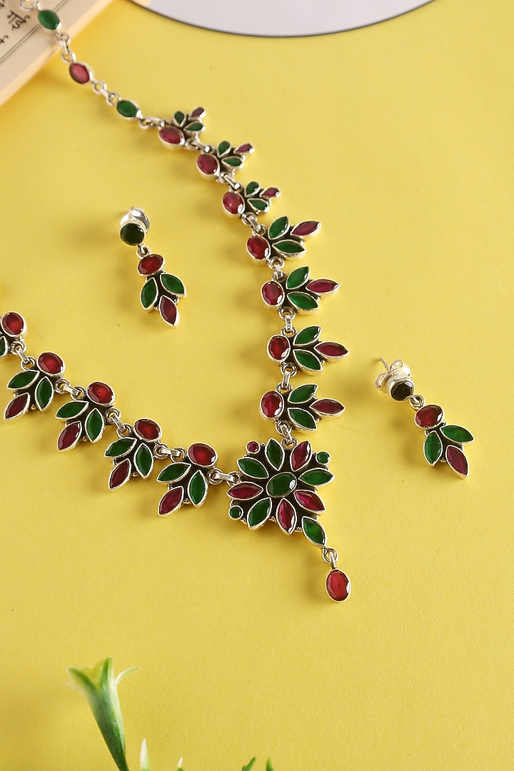 White Finish Green Onyx & CZ Temple Floral Long Necklace Set In Sterling Silver by Mero at Pernia's Pop Up Shop