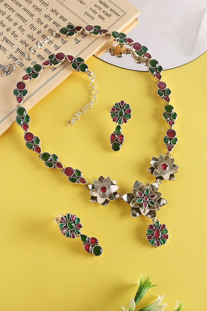 White Finish Maroon Onyx Temple Floral Necklace Set In Sterling Silver by Mero at Pernia's Pop Up Shop