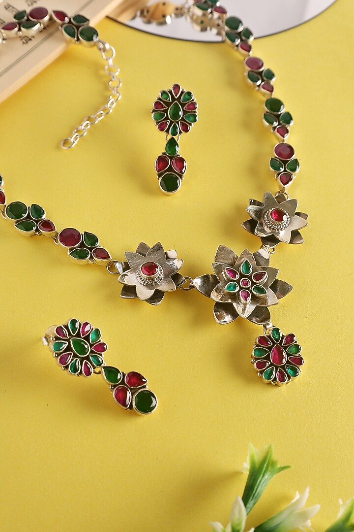 White Finish Maroon Onyx Temple Floral Necklace Set In Sterling Silver by Mero at Pernia's Pop Up Shop