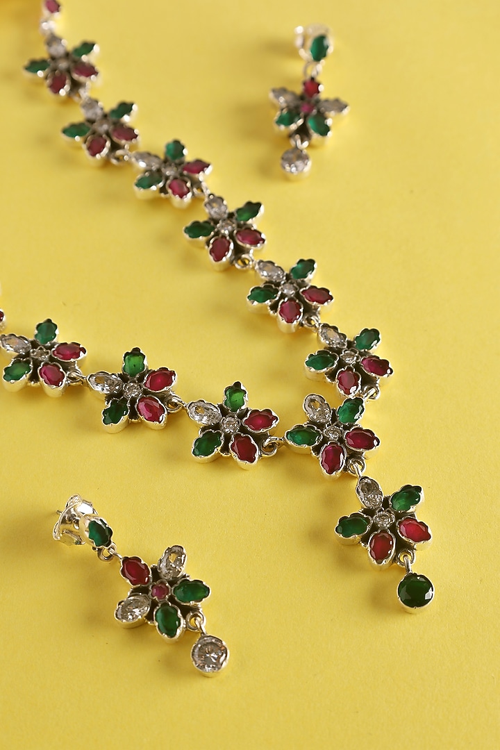 White Finish Red & Green Onyx Temple Long Necklace Set In Sterling Silver by Mero at Pernia's Pop Up Shop