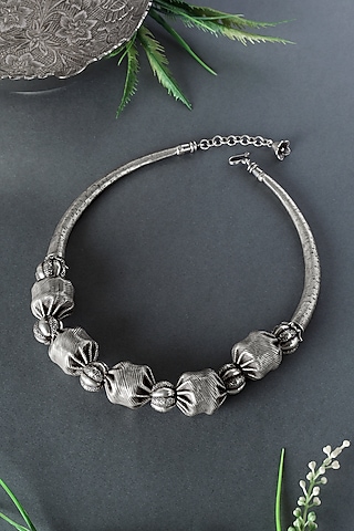 Antique White Finish Temple Tribal Beaded Necklace In Sterling Silver by Mero