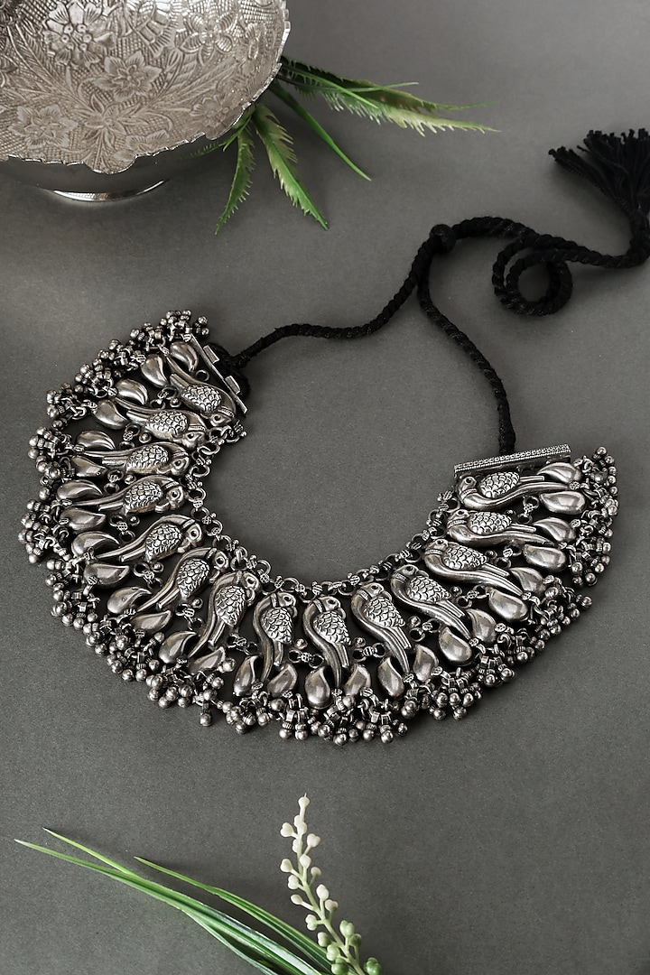 White Finish Peacock Ghungroo Necklace In Sterling Silver by Mero at Pernia's Pop Up Shop