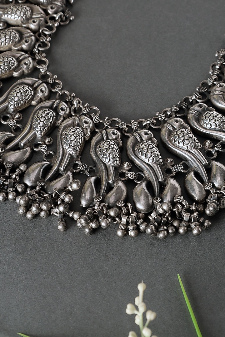 White Finish Peacock Ghungroo Necklace In Sterling Silver by Mero at Pernia's Pop Up Shop
