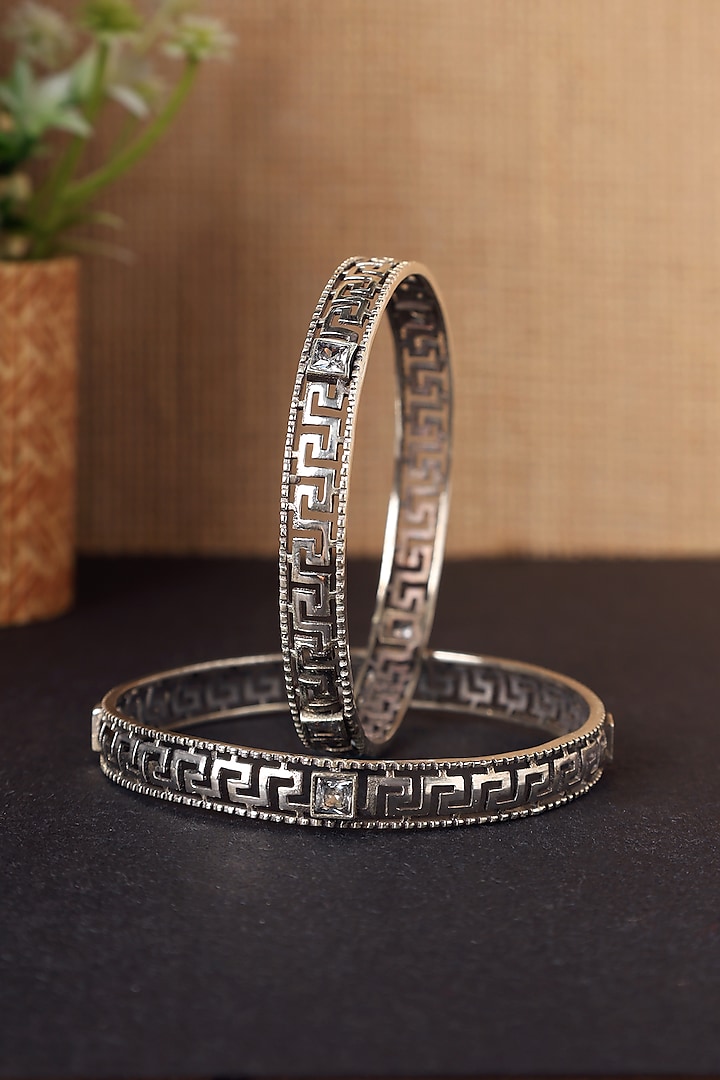 White Finish CZ Temple Bangles In Sterling Silver (Set Of 2) by Mero at Pernia's Pop Up Shop