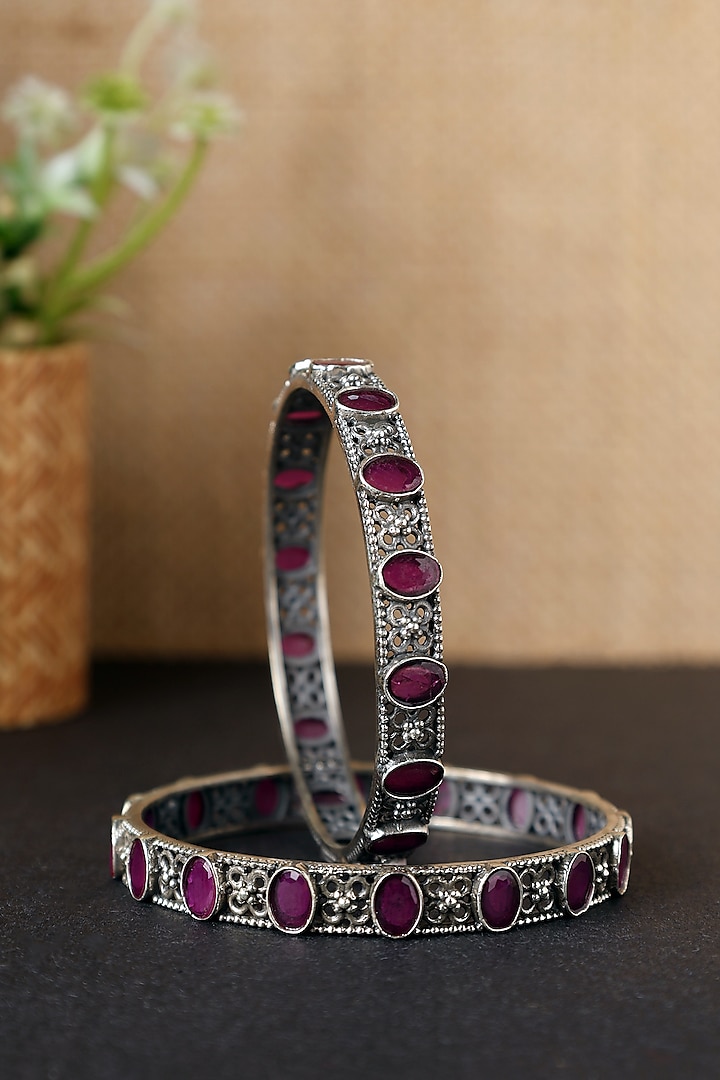 White Finish Pink Onyx Temple Bangles In Sterling Silver (Set Of 2) by Mero at Pernia's Pop Up Shop