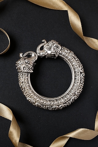 White Finish Vintage Temple Elephant Kada In Sterling Silver by Mero