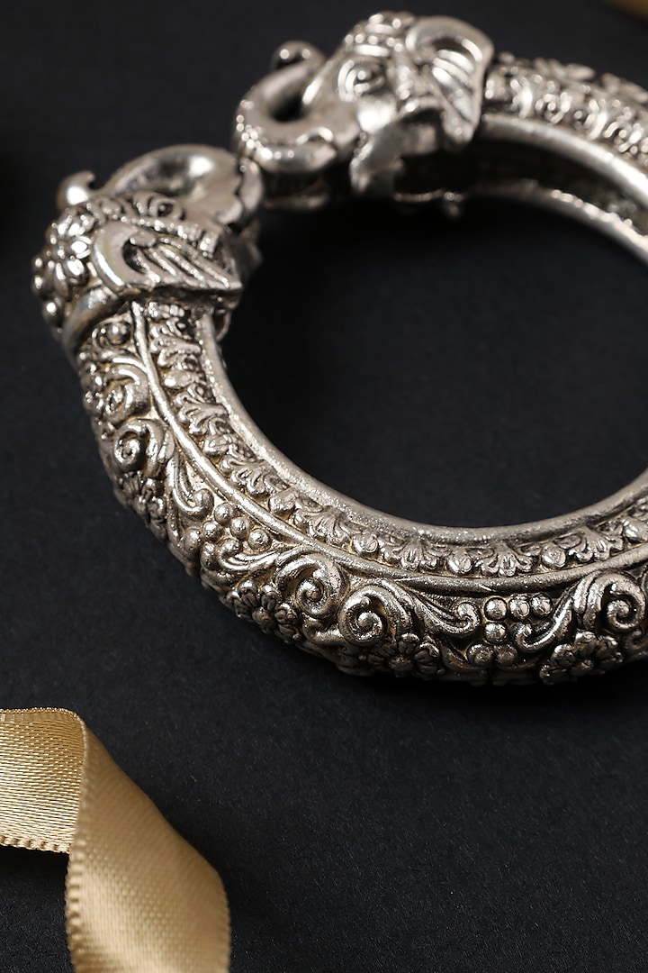 White Finish Vintage Temple Elephant Kada In Sterling Silver by Mero at Pernia's Pop Up Shop