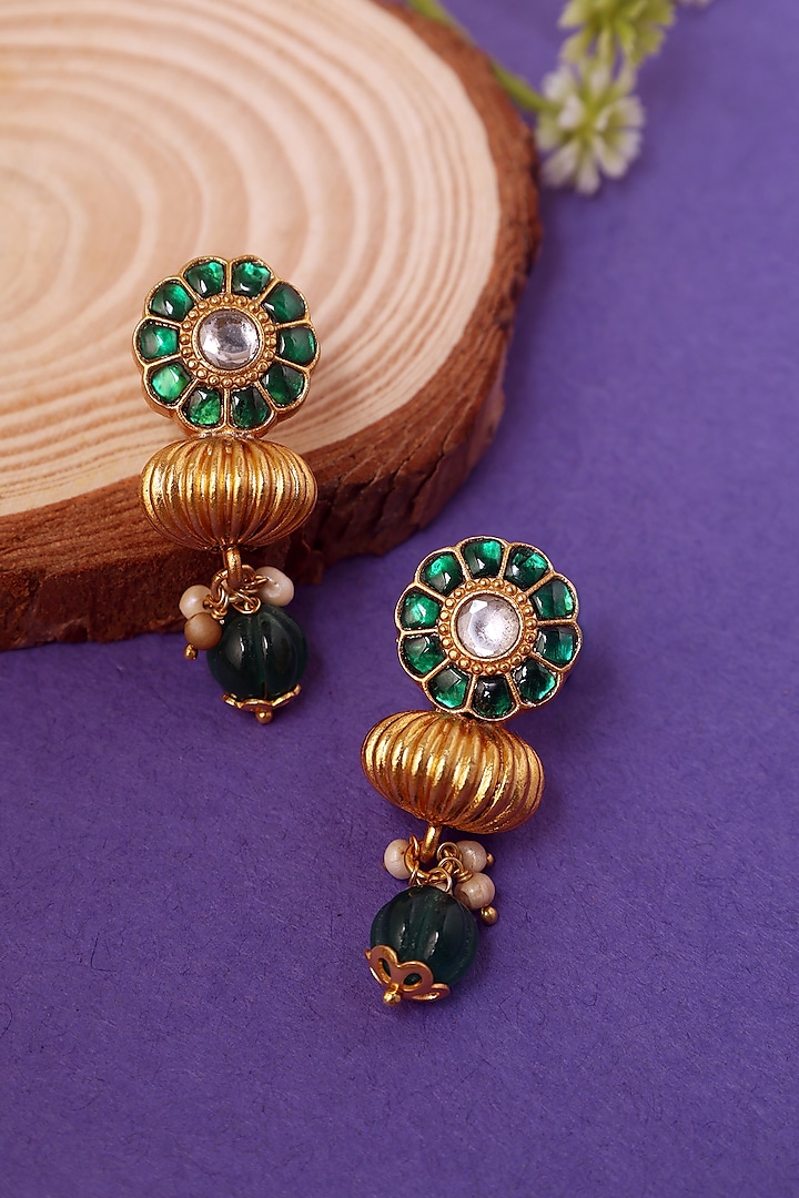 White Finish Green Kundan Polki Temple Dangler Earrings In Sterling Silver by Mero at Pernia's Pop Up Shop