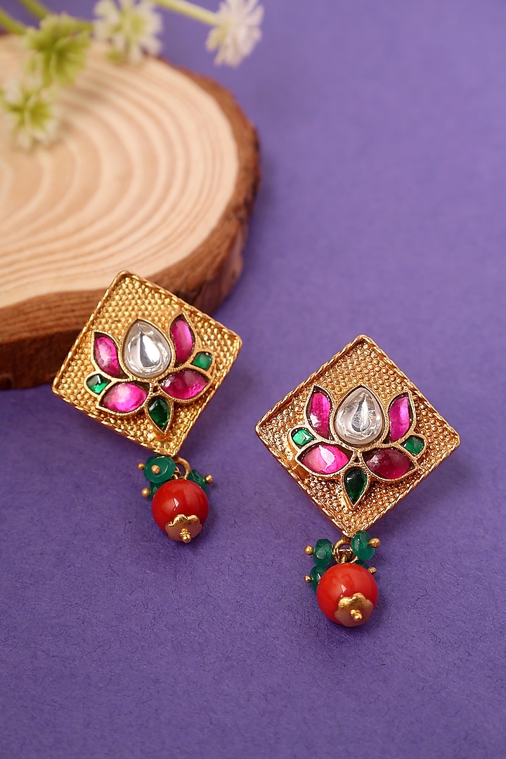 Gold Plated Kundan Polki Temple Lotus Dangler Earrings In Sterling Silver by Mero at Pernia's Pop Up Shop