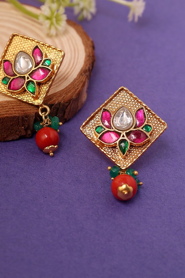 Gold Plated Kundan Polki Temple Lotus Dangler Earrings In Sterling Silver by Mero at Pernia's Pop Up Shop