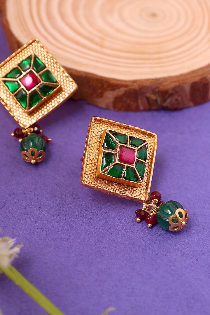 Gold Plated Kundan Polki Temple Dangler Earrings In Sterling Silver by Mero at Pernia's Pop Up Shop
