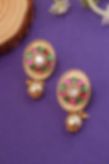 Gold Plated Kundan Polki & Pearl Temple Dangler Earrings In Sterling Silver by Mero at Pernia's Pop Up Shop