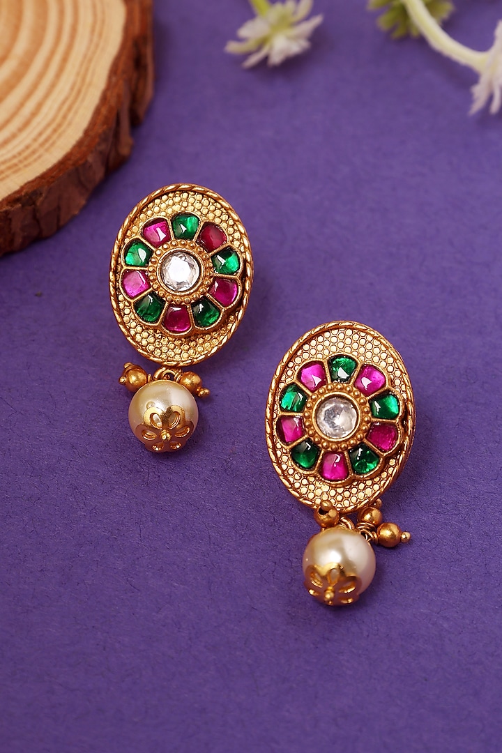 Gold Plated Kundan Polki & Pearl Temple Dangler Earrings In Sterling Silver by Mero at Pernia's Pop Up Shop