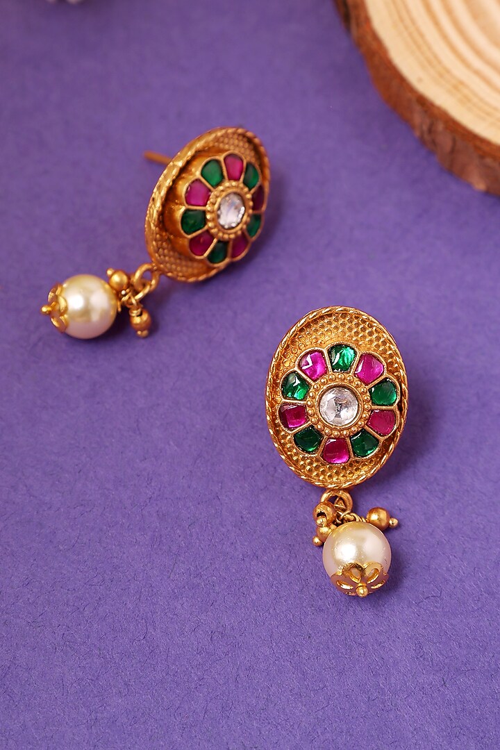 Gold Plated Kundan Polki & Pearl Temple Dangler Earrings In Sterling Silver by Mero at Pernia's Pop Up Shop