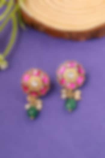 Gold Plated Kundan Polki Temple Floral Dangler Earrings In Sterling Silver by Mero at Pernia's Pop Up Shop