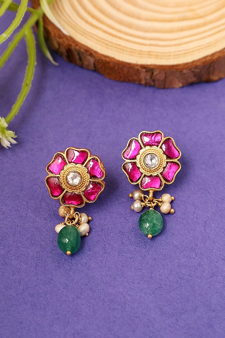 Gold Plated Kundan Polki Temple Floral Dangler Earrings In Sterling Silver by Mero at Pernia's Pop Up Shop