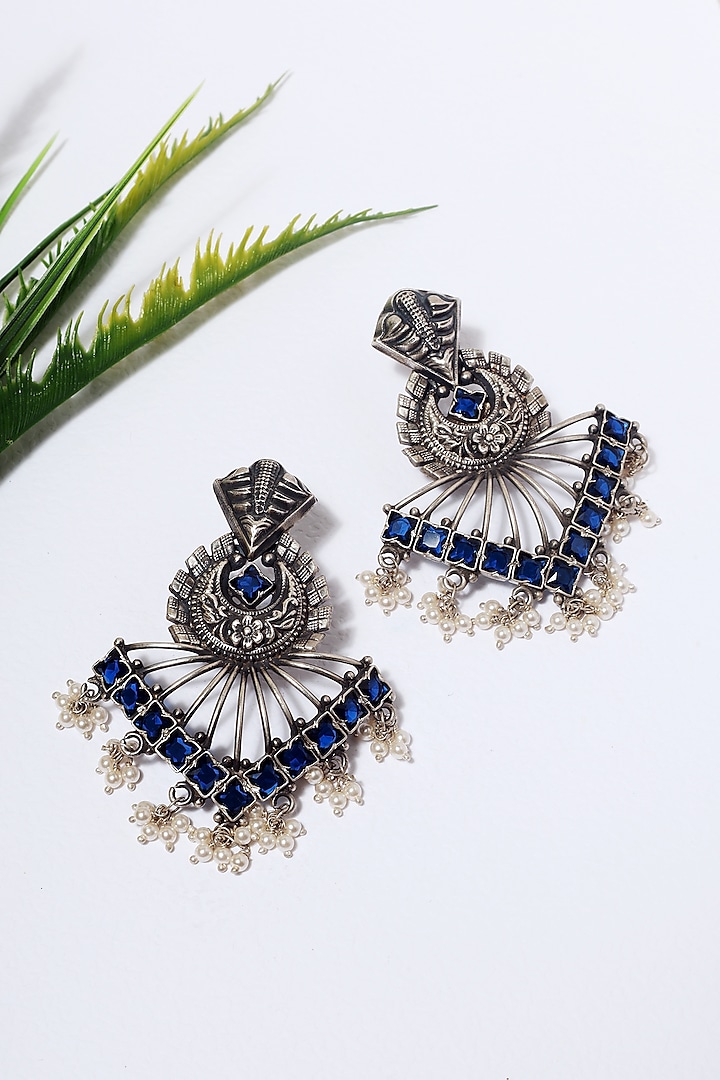 White Finish Blue Kempstone Temple Dangler Earrings In Sterling Silver by Mero at Pernia's Pop Up Shop