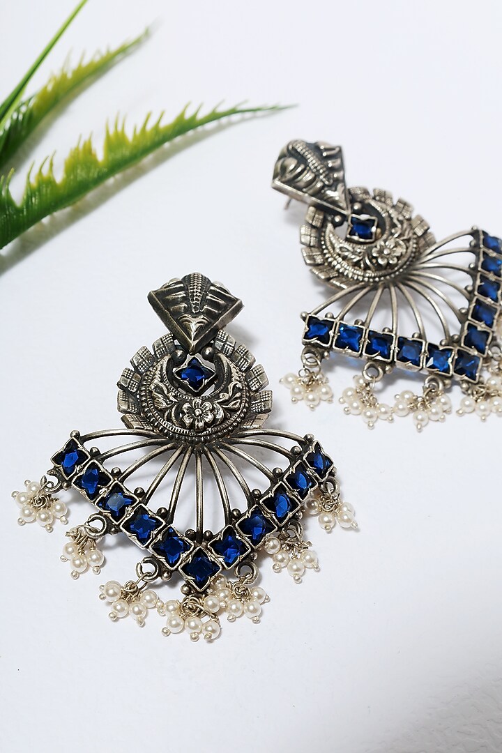 White Finish Blue Kempstone Temple Dangler Earrings In Sterling Silver by Mero at Pernia's Pop Up Shop