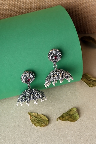 White Finish Kempstone Temple Jhumka Earrings In Sterling Silver by Mero