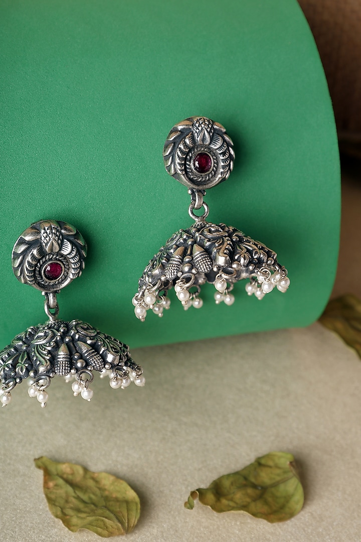 White Finish Kempstone Temple Jhumka Earrings In Sterling Silver by Mero at Pernia's Pop Up Shop