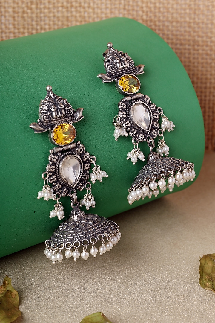 White Finish Yellow Kempstone & Pearl Temple Jhumka Earrings In Sterling Silver by Mero at Pernia's Pop Up Shop