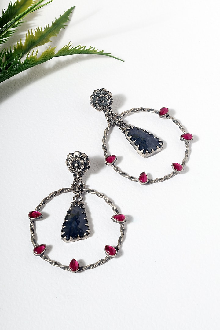 White Finish Blue & Pink Kempstone Temple Dangler Earrings In Sterling Silver by Mero at Pernia's Pop Up Shop