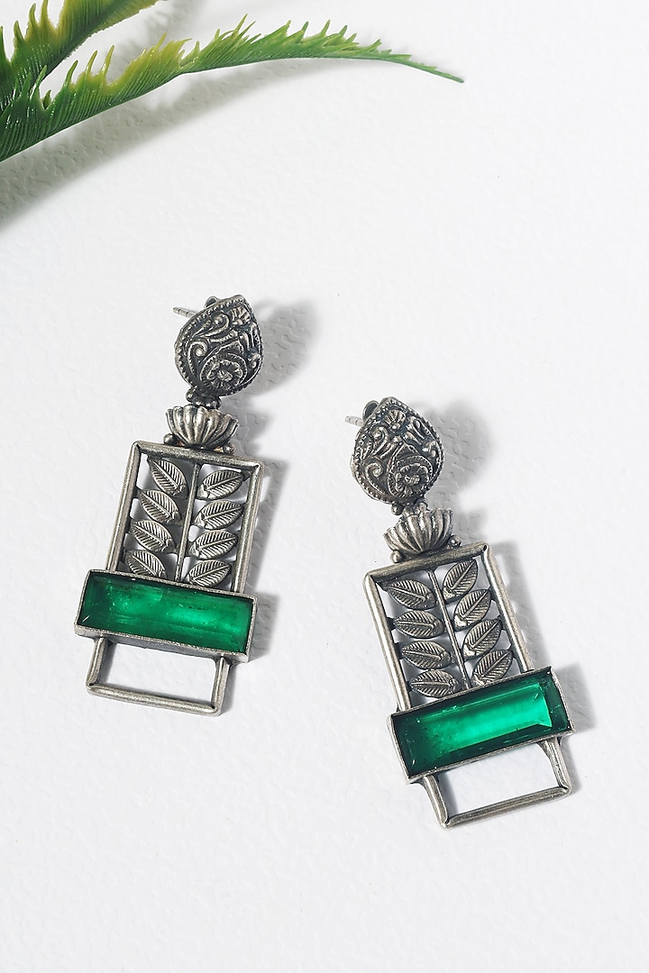 White Finish Green Kempstone Temple Leaf Dangler Earrings In Sterling Silver by Mero at Pernia's Pop Up Shop