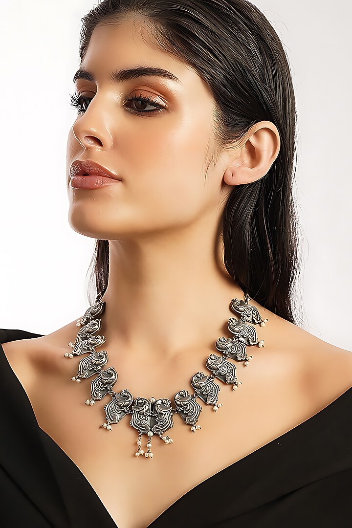 White Finish Pearl Temple Tribal Necklace In Sterling Silver by Mero at Pernia's Pop Up Shop