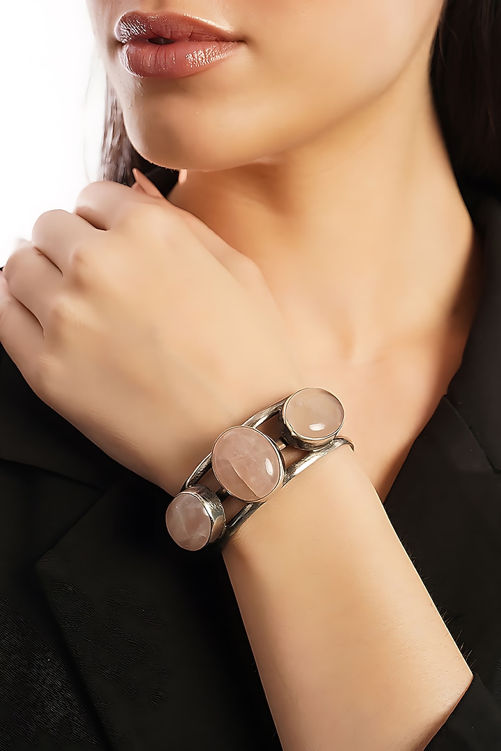 White Finish Rose Quartz Stone Temple Tribal Cuff In Sterling Silver by Mero at Pernia's Pop Up Shop