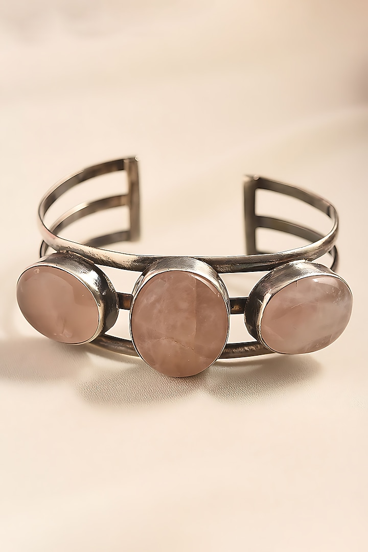 White Finish Rose Quartz Stone Temple Tribal Cuff In Sterling Silver by Mero at Pernia's Pop Up Shop