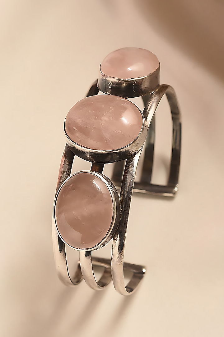White Finish Rose Quartz Stone Temple Tribal Cuff In Sterling Silver by Mero at Pernia's Pop Up Shop