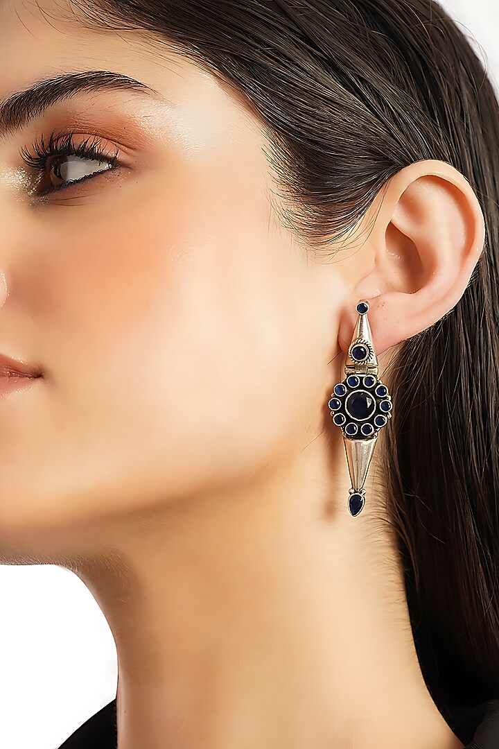 White Finish Sapphire Temple Tribal Dangler Earrings In Sterling Silver by Mero at Pernia's Pop Up Shop