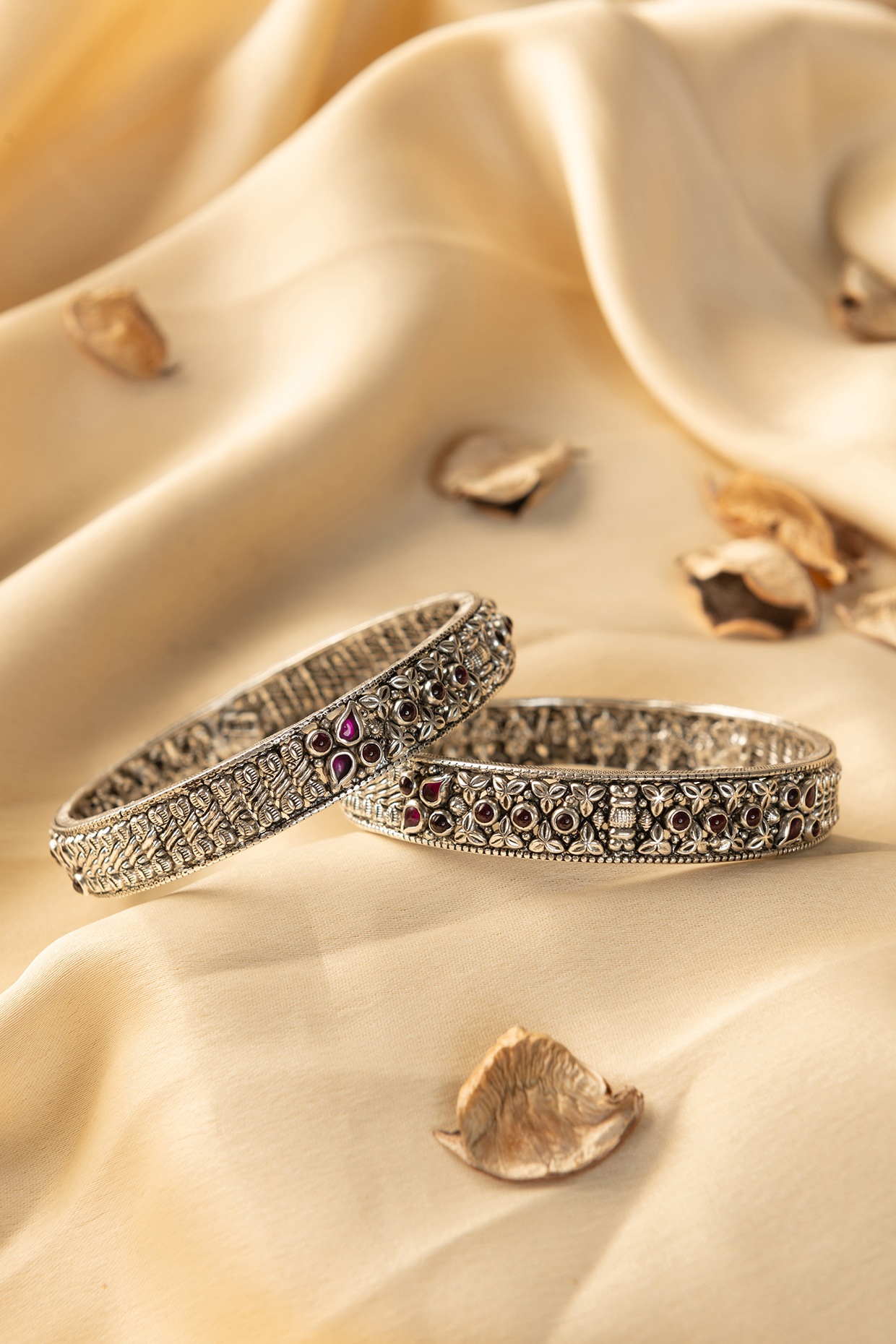 White Finish Kemp Stone Temple Bangles In Sterling Silver (Set Of 2) by