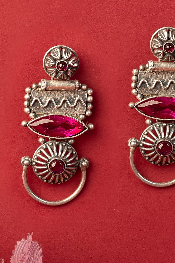 White Finish Kempstone Temple Dangler Earrings In Sterling Silver by Mero at Pernia's Pop Up Shop