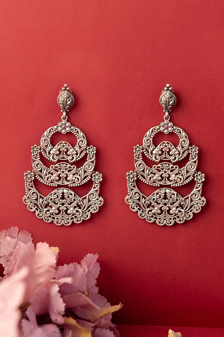 White Finish Temple Dangler Earrings In Sterling Silver by Mero at Pernia's Pop Up Shop