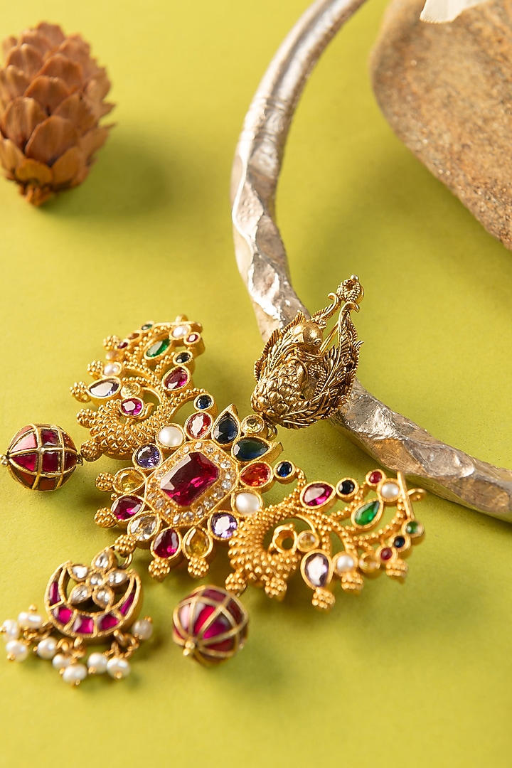 White Finish Kundan Polki & Multi-Colored Stone Temple Necklace In Sterling Silver by Mero at Pernia's Pop Up Shop