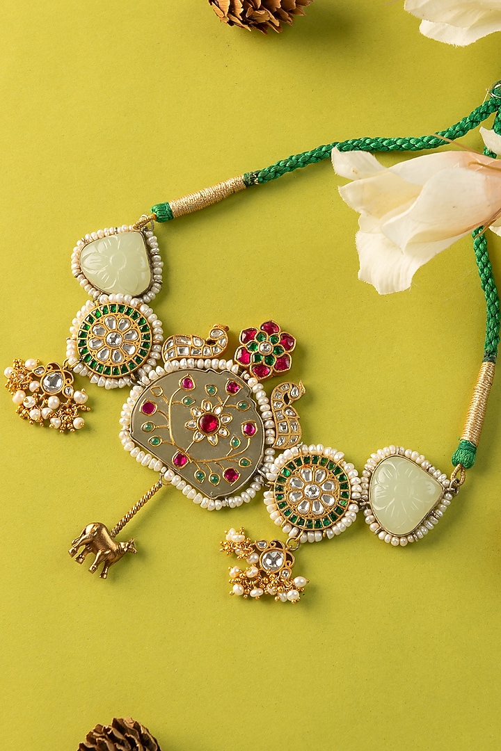 White Finish Kundan Polki & Jade Temple Choker Necklace In Sterling Silver by Mero at Pernia's Pop Up Shop